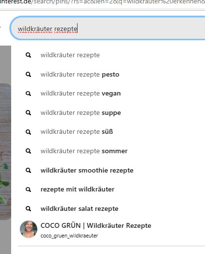 Keyword Suche auf Pinterest Suchmaske geöffnet mit vorgeschlagenen Suchwörtern zu Wildkräuter Rezepte