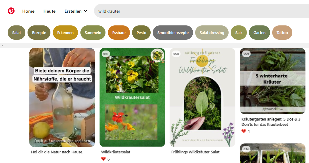 Pinterest Ansicht Suchfeld mit farbigen Boxen