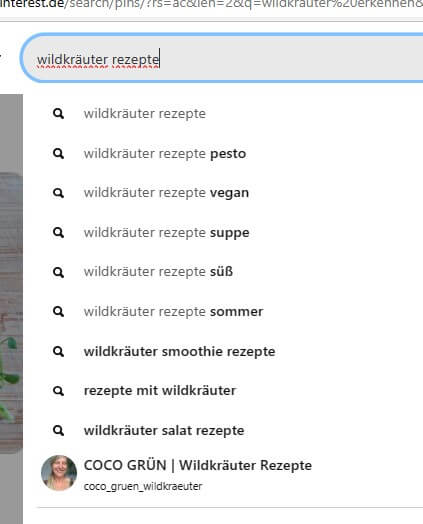 Suchleiste auf Pinterest in der ein Schlagwort eingegeben wird und man sieht die häufigsten Suchbegriffe