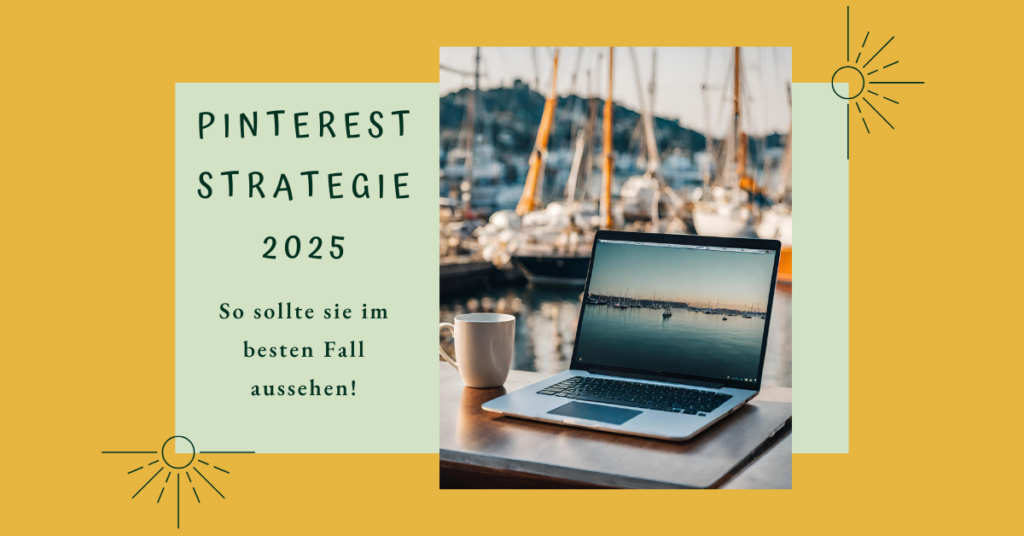Pinterest Strategie 2024 mit Laptop und Kaffeetasse am Hafen