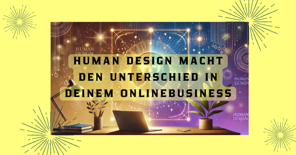 Auf einem Schreibtisch siehst du Laptop, Pflanzen und eine zukünftige Version einer Frau, wie sie sein könnte, wenn sie sich auf das Experiment Human Design einlässt.